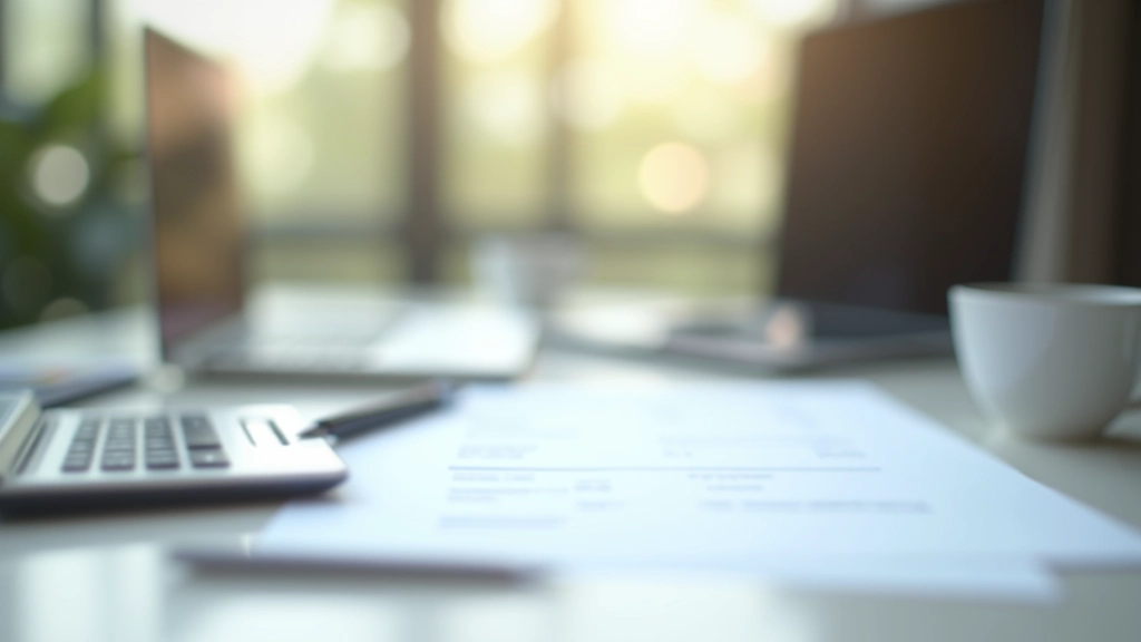 Organized workspace with tax documents, calculator, and laptop showing tax filing information